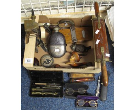 Box of assorted oddments, various to include: Meerschaum pipes, silver plated leather covered flask, oak tie press, cased spe