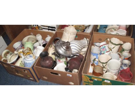 Three trays of assorted china, various, to include: mainly dresser jugs; lustre teapot; large Staffordshire jug; Oriental des