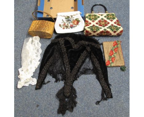 Black velvet Victorian beaded capelet or mantle with lace trim by A. Stedall, together with a small collection of vintage bag