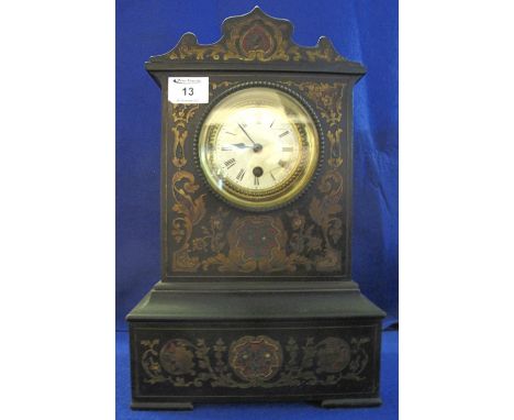 19th Century Boulle architectural mantel clock, overall with brass inlaid, foliate decoration, white enamel face and single t