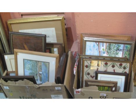 Two boxes of assorted furnishing prints, paintings, framed share certificates, tapestries, etc. (2) (B.P. 24% incl. VAT)