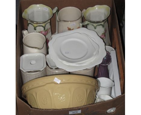 Tray of assorted china to include: vintage mixing bowl; white teaware items; floral Staffordshire dresser jugs etc.(B.P. 24% 