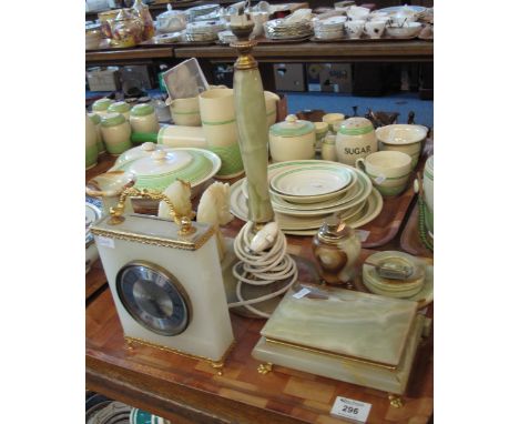 Tray of various onyx items to include: pair of horse head bookends; table lighter; ashtray; jewellery box; mantel clock; tabl