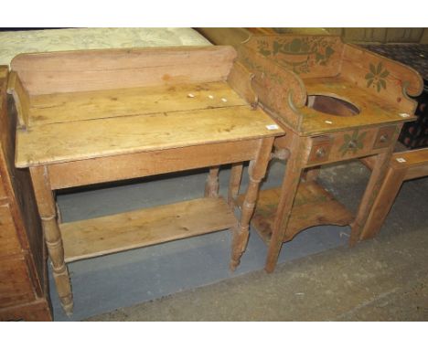 Vintage pine two tier wash stand with fitted towel rail, together with another painted pine two tier wash stand.  (2)(B.P. 24