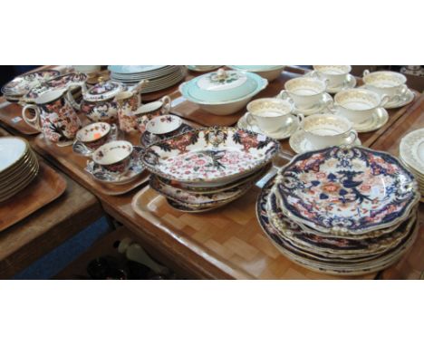 Three trays of early 19th Century Derby, Bloor Derby and Royal Crown Derby and other similar, Imari pattern tea and dinnerwar