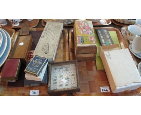 Two trays of vintage games etc. to include: playing cards; draughts set; drawbridge compact model; Tri-ang Minic; fire fighte
