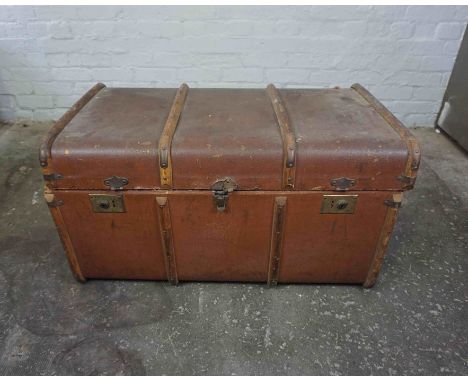 Vintage Wood Bound Travel Trunk, Having a Hinged top enclosing a Fitted Interior, 52cm high, 92cm wide, 52cm deep