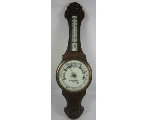 Oak Aneroid Barometer, Retailed by McPherson Bros Glasgow, Having a Thermometer guage, Glass cracked to Dial, 83cm high