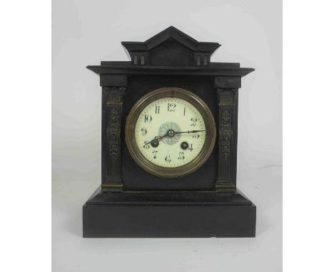 Victorian Black Slate Mantel Clock, Having a Twin Train Movement, 26cm high, With Key