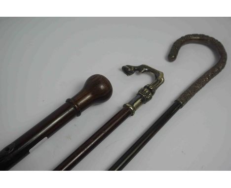 Antique Walking Stick, Having a Rosewood Pommel with a Mother of Pearl roundel, Possibly stained Malacca wood to the shaft, 9