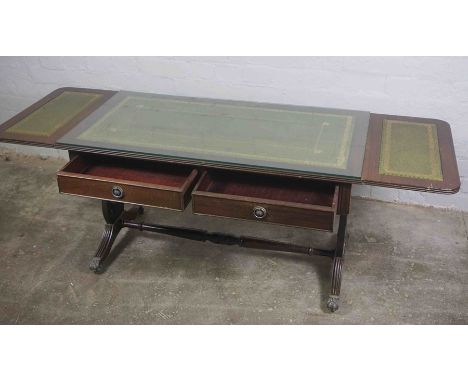 Reproduction Sofa Table, Having Tooled Green Leather Panels, With two Drawers and Opposing Faux Drawers, 55cm high, 105cm wid