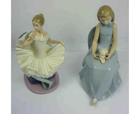 Two Nao by Lladro Porcelain Figures, Modelled as a Ballerina and a Girl with Cat, 26cm, 28cm high, (2)