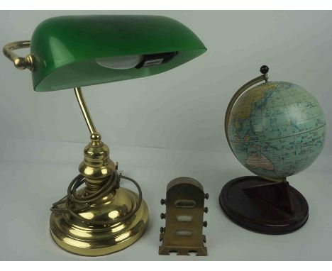 Brass Desk Calender, circa early 20th century, Having six adjustable knobs, 13cm high, Also with a Revolving World Table Glob