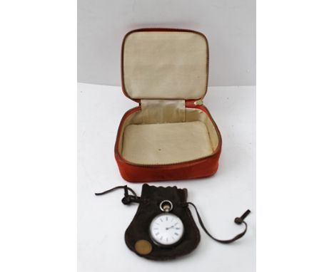 A SILVER CASED LADY'S POCKET OR FOB WATCH, decoratively chased case, white enamel dial with Roman numerals, 3cm diameter 