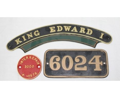 A CAST BRASS AND PAINTED RAILWAY ENGINE PLAQUE, "King Edward I" width 42cm, together with a CAST BRASS NUMBER PLATE No.6024, 