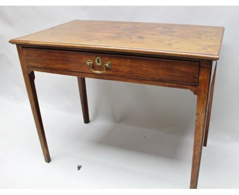 A 19TH CENTURY MAHOGANY SINGLE DRAWER SIDE TABLE, brass swan neck handle raised on squared supports, 90.5cm wide 