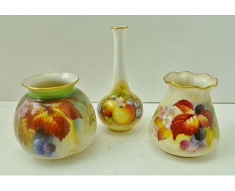 A ROYAL WORCESTER PORCELAIN VASE of lobed design, hand-painted autumn fruits design, green printed factory mark to base, no.1