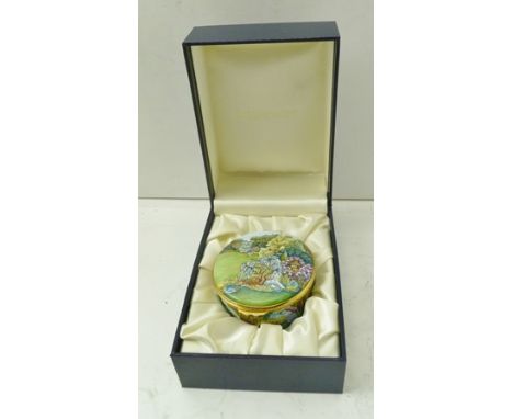 A MOORCROFT HAND-PAINTED ENAMEL TRINKET BOX, 7cm diameter, with printed factory marks to base and the inscription, "Trial 6/1