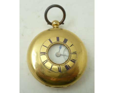  A 19TH CENTURY18CT GOLD CASED HALF HUNTER DESIGN POCKET WATCH, blue enamel Roman numerals to the cover, white enamel dial wi