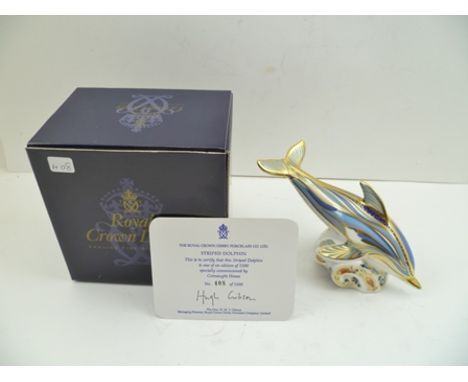 A ROYAL CROWN DERBY BONE CHINA IMARI PAPERWEIGHT, "Striped Dolphin" limited edition no.408 of 1500, in original box with cert