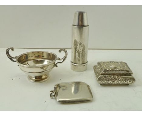 FOUR SILVER ITEMS includes a plain vesta, small twin handled trophy form salt, an embossed pill box and one other item, vario