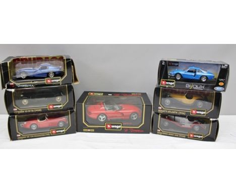 A COLLECTION OF SEVEN BURAGO 1:18 AND 1:24 SCALE DIECAST SPORTS MODEL VEHICLES including Dodge Viper, Citroen 15CVTA (1938), 