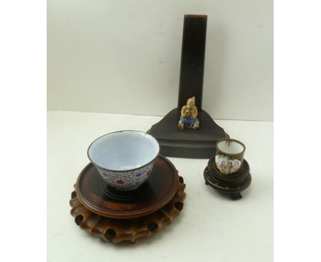 A CANTON ENAMEL BOWL, floral decorated on a pink ground, 10cm diameter and one other piece of Canton enamel, a Kangxi style f
