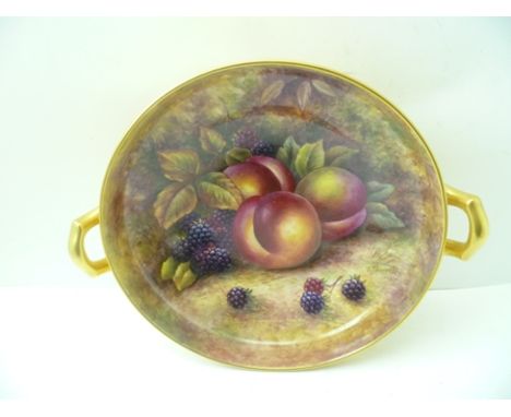 A ROYAL WORCESTER STYLE TWO HANDLED CERAMIC SHALLOW BOWL, hand painted by 'J. Skerrett' (ex Royal Worcester factory painter) 