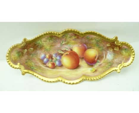 A ROYAL WORCESTER BONE CHINA SWEET MEAT DISH, hand-painted fruit decoration, indistinctly signed, shaped and gadrooned gilded