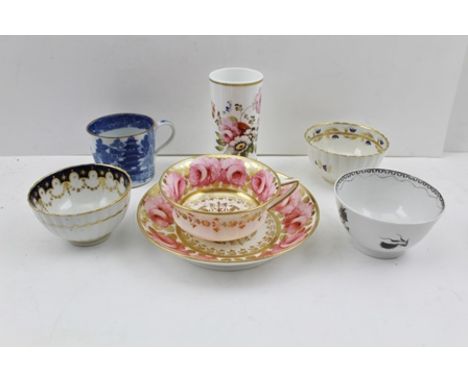 19TH CENTURY SPODE CUP AND SAUCERS, hand-painted pink Billingsley type roses, THREE 19TH CENTURY TEA BOWLS and a blue and whi