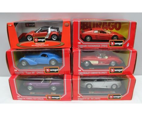 A COLLECTION OF BURAGO 1:24 SCALE DIECAST MODEL SPORTS VEHICLES to include Ford AC Cobra 427, Chevrolet Corvette, Bugatti typ