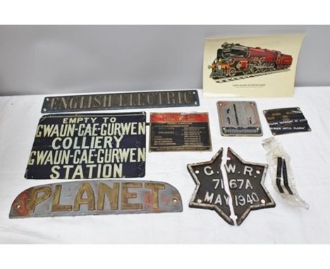 A COLLECTION OF VARIOUS ENGINE PLATES including cast brass plate embossed letters "Planet", believed to be from a surface eng