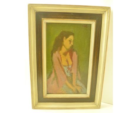 CHARLES McCALL "Reverie", Portrait of a girl in a pink coat, Oil painting on panel, signed, 28cm x 17cm, in painted frame 