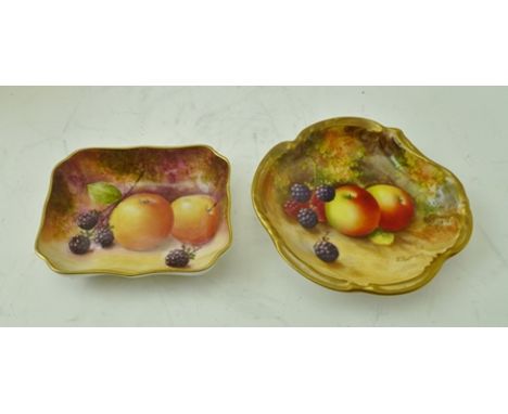 A ROYAL WORCESTER BONE CHINA PIN DISH, hand-painted with fruit, signed 'E.Townsend', shaped gilded rim 11.5cm, together with 