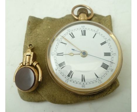 A 9CT GOLD CASED OPEN FACE GENTLEMAN'S POCKET WATCH, white enamel dial with Roman numerals, dial 4.2cm, together with a decor