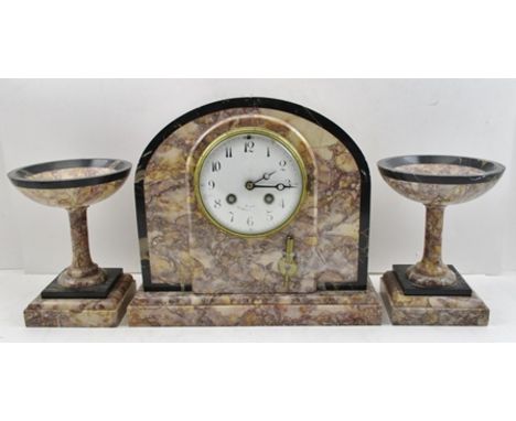 A FRENCH MARBLE GARNITURE CLOCK SET, the clock having arch top case in the Art Nouveau style, circular white enamel dial with