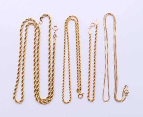 Three 9 ct gold chains and a 9 ct gold bracelet.  Longest chain 60 cm long, bracelet 18 cm long. 18.4 grammes.