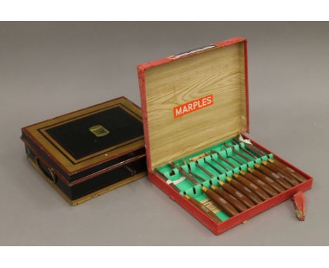 A vintage cash tin and a part set of Marples carving tools, boxed. The former 30 cm wide.
