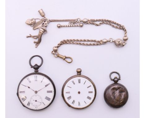 Two silver pocket watches, a chain and a silver sovereign case.  Largest pocket watch 4.5 cm diameter. 