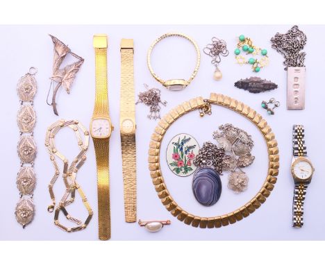 Four various wristwatches (Montine, Timex and Citizen) and a quantity of jewellery to include necklaces, bracelets, brooches,
