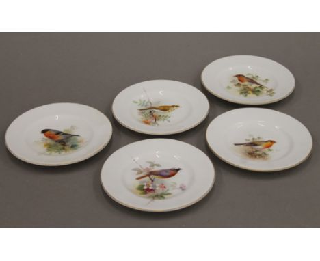Five small Royal Worcester porcelain dishes, each painted with a bird. 11.5 cm diameter.