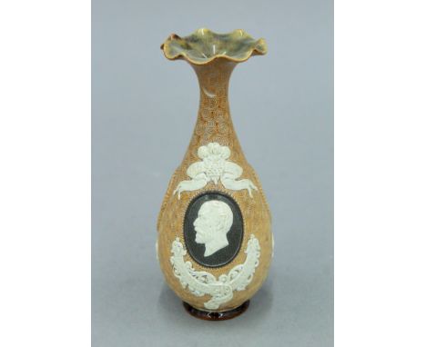 A Doulton Lambeth stoneware Albert Medal Society of Arts 1885 commemorative vase with a bust portrait of the Prince of Wales 