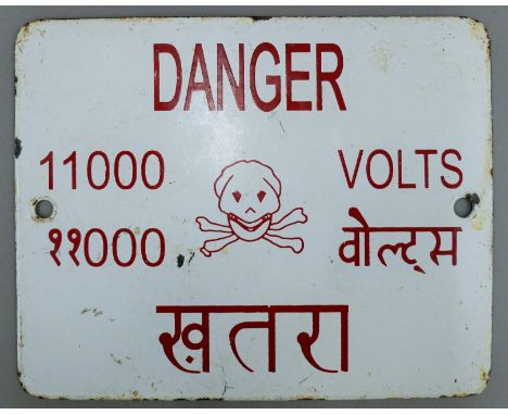 A 'Danger 11,000 Volts' with skull and crossbones enamel sign. 25 x 20 cm.