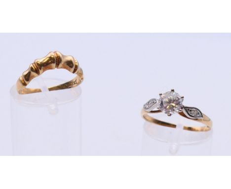 Two 9 ct gold rings.  Faux bamboo band ring size K/L, other ring size P/Q.