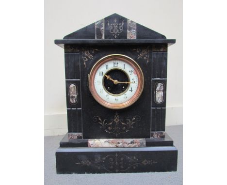 A black marble mantel clock, Arabic chapter ring, 39cm high, glass a/f