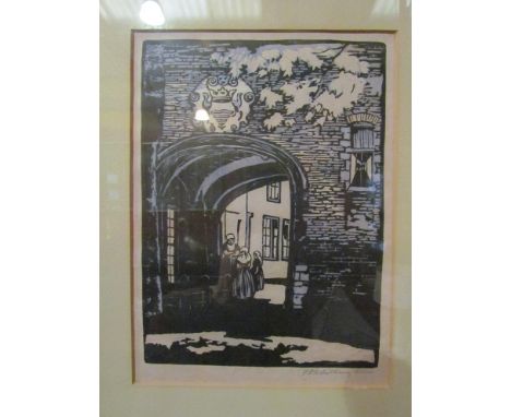 A coloured wood block print of nurses in alleyway, pencil signed F.M Whittington, framed and glazed, 26 x 18cm 