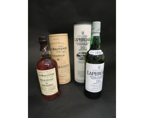 The Balvenie 12 year old double wood single Malt Whisky 70cl boxed, Laphroaig 10 year old Single Islay Malt Scotch Whisky 70c