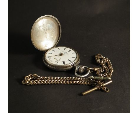 A Georges Favne Jacot Loche engraved pocket watch, Roman numerated chapter ring with chain