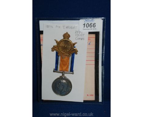 A WWI war medal to: Pte. T. Wright, Army Cyclist Corps, with copy M.I.C. and cap badge.