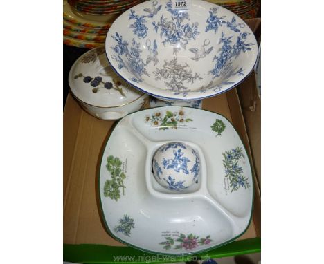A Royal Worcester herb dish, a blue and white stemmed bowl and matching carpet bowl and an Evesham lidded casserole dish.